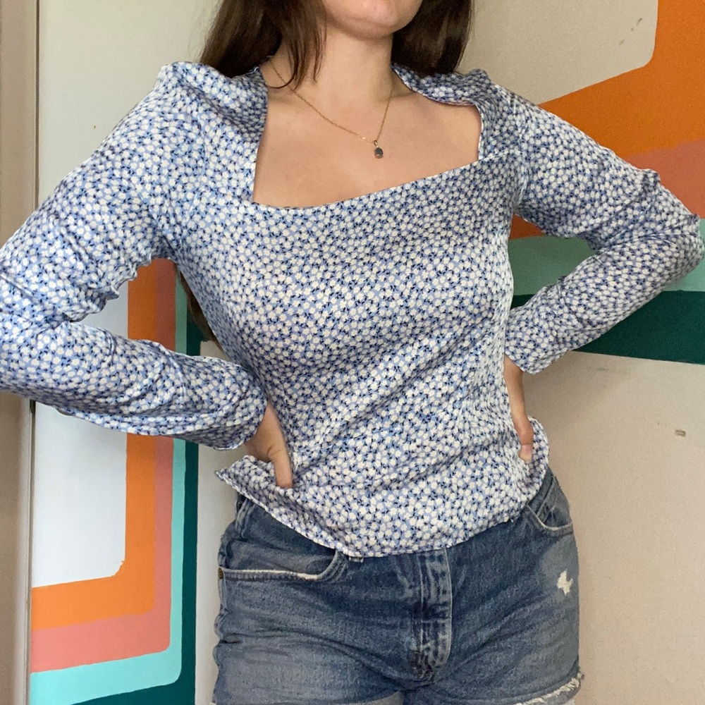 Square Neckline Silky Blue Peasant blouse